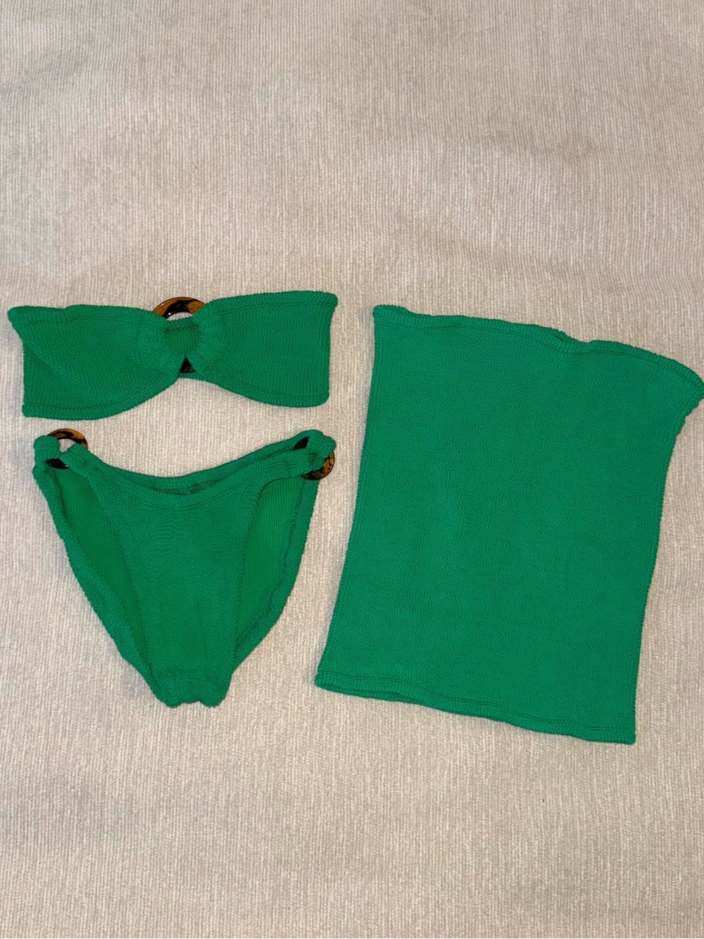 New Hunza G Triple Set Bikini and Skirt Emerald Green Crinkle Gloria Bandeau